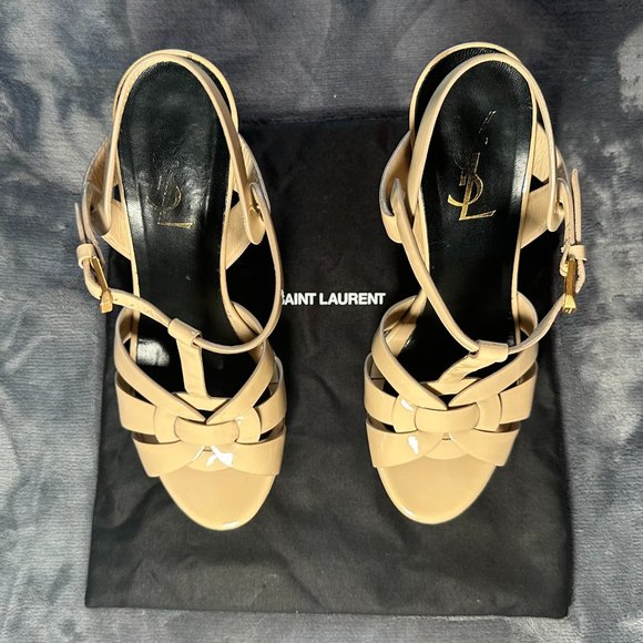 SAINT LAURENT YSL Tribute Platform Leather Sandal Nude Size 37.5, w/ Box & Bags - Picture 4 of 14